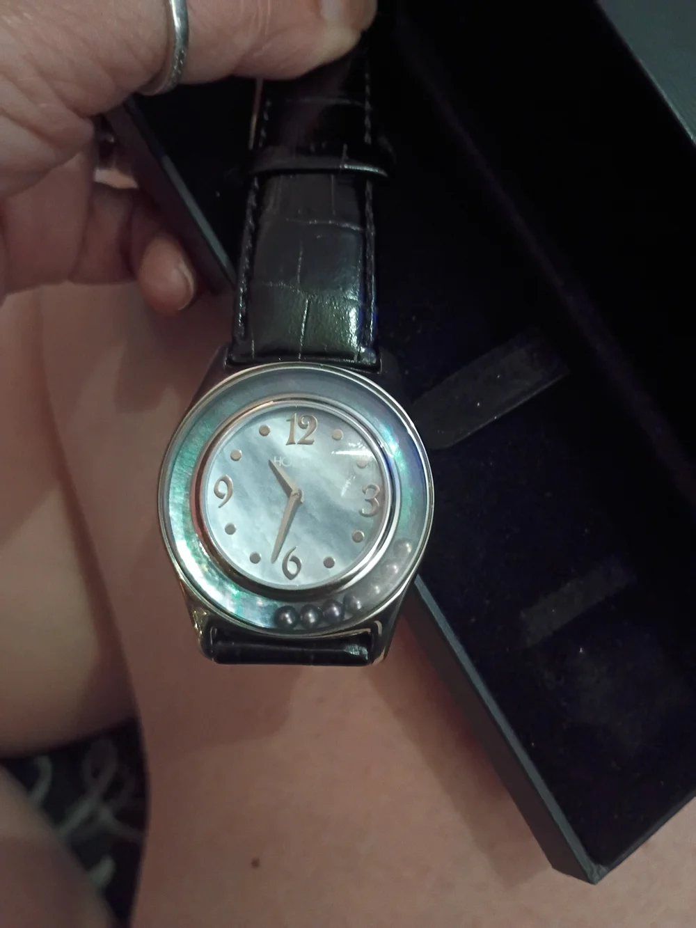 Honora Black Leather Strap Watch with Silver Case and Light Dial